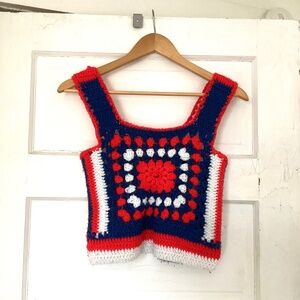 Cute 70s vintage "rib tickler" granny square red, white, and blue small vest top
